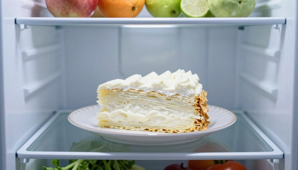 A beautifully organized refrigerator interior, featuring a delicate, elegantly presented slice of karpatka cake, placed on a decorative plate. The cream filling gleams white and fresh, showcasing its lush richness, while the pastry layers appear light and flaky. The refrigerator shelves are well-lit, with soft, cool lighting illuminating the cake, creating a serene and inviting atmosphere. In the background, neatly arranged fruits and vegetables hint at freshness, while an ambient focus highlights the karpatka in the foreground. The angle is slightly above eye-level, making the cake the centerpiece of this chilled haven. The overall mood is refreshing, clean, and appetizing, emphasizing the importance of proper storage for maintaining the cake's delightful taste.