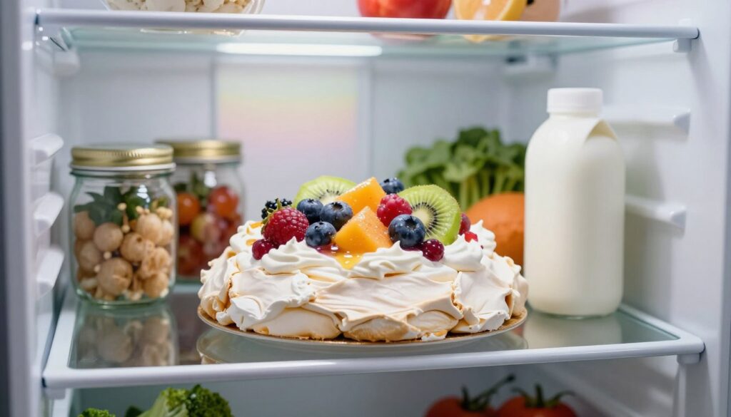 A beautifully organized refrigerator interior, focusing on a glass shelf where a delicate pavlova dessert is prominently displayed, showcasing its crisp texture. The pavlova features a light, airy meringue base topped with fresh fruits like berries and kiwi, glistening under soft, natural lighting. The middle of the image reveals various other items such as jars, fresh vegetables, and a milk carton, adding depth to the scene. The background includes a few shelves with subtle gradients of color, hinting at the freshness of the contents inside the fridge. The overall atmosphere should feel cool and refreshing, inviting viewers to appreciate the importance of storing meringues properly in a clean and well-organized environment. Shot with a slight depth of field to focus on the pavlova while blurring the background for artistic effect.