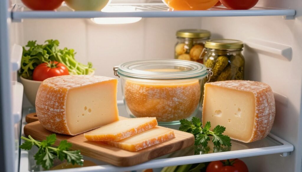 A beautifully organized refrigerator interior, showcasing a shelf lined with fresh oscypek cheese. In the foreground, a wooden cutting board with slices of oscypek, highlighting its rich, golden hue and textured rind. In the middle, a glass container featuring whole oscypek, sealed to maintain freshness, surrounded by sprigs of fresh herbs for contrast. Soft, natural lighting filters in from an overhead source, casting gentle shadows, enhancing the creamy texture of the cheese. The background includes an assortment of colorful vegetables and jars of pickles, emphasizing a well-stocked fridge. The mood is inviting and homely, evoking a sense of care in food preservation and culinary heritage.