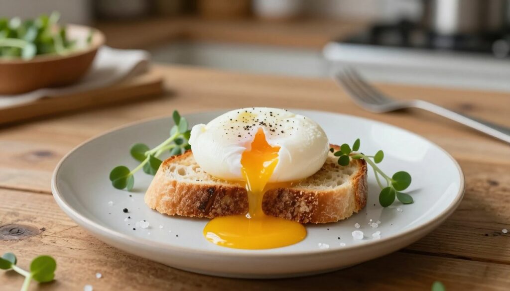 A beautifully plated poached egg with a perfectly runny yolk, positioned at the center of a rustic wooden table. The egg, set atop a lightly toasted piece of artisanal bread, is surrounded by delicate microgreens and a sprinkle of sea salt. Soft, diffused natural light bathes the scene, enhancing the rich golden hue of the yolk as it begins to flow, creating a luscious puddle on the plate. In the background, a subtle bokeh effect shows a blurred kitchen setting, hinting at the warm atmosphere of home cooking. The composition is inviting and warm, emphasizing the deliciousness and elegance of a perfectly poached egg.