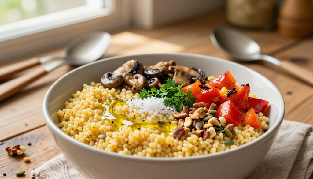 A beautifully presented bowl of cooked millet porridge, topped with an assortment of colorful and appetizing toppings. In the foreground, a bowl filled with fluffy, golden millet garnished with a sprinkle of sea salt, a drizzle of high-quality olive oil, and vibrant green herbs. Surrounding the bowl are various additions such as sautéed mushrooms, diced roasted bell peppers, and a scattering of toasted nuts and seeds, enhancing texture and flavor. In the background, a rustic wooden table set with bright kitchen utensils and warm natural light filtering in from a nearby window creates an inviting atmosphere. The lens captures the scene from a slightly elevated angle, focused on the bowl, emphasizing the rich colors and textures of the ingredients, evoking warmth and comfort in a cozy kitchen setting.