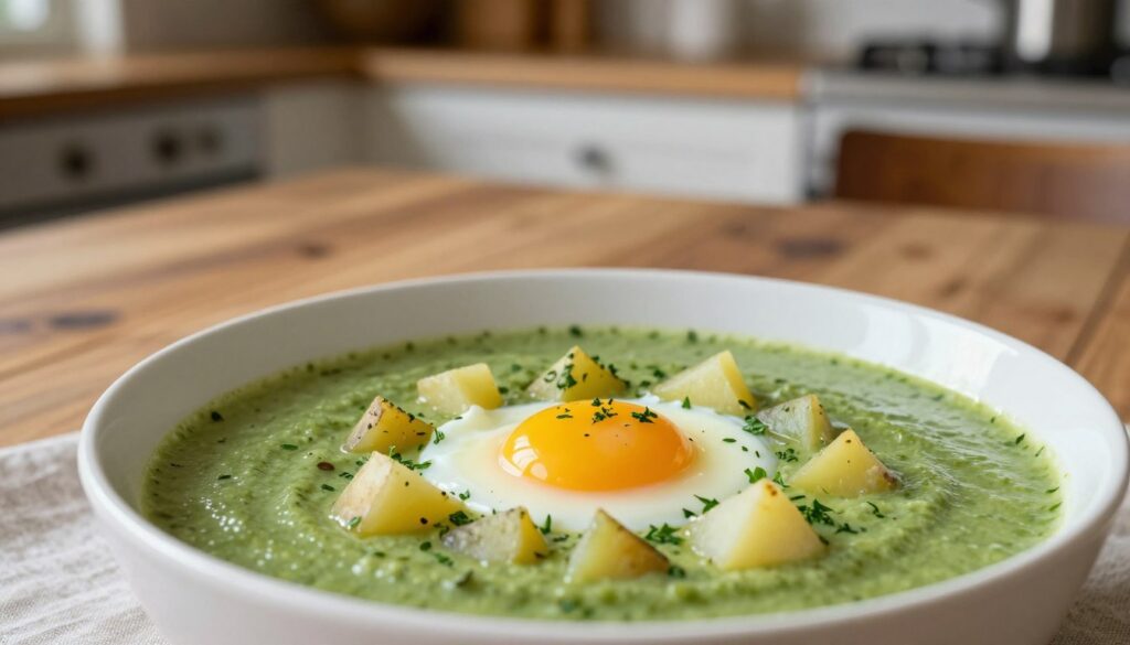 A beautifully presented bowl of green sorrel soup, topped with a perfectly soft-boiled egg and diced potatoes, garnished with a sprinkle of fresh herbs. The foreground features the vibrant colors of the soup, complementing the bright yolk of the egg and the creamy texture. In the middle ground, a rustic wooden table sets the stage, with a tablecloth adding warmth to the setting. Behind, a softly blurred kitchen interior hints at home cooking, illuminated by warm, natural lighting that enhances the inviting atmosphere. The shot captures a cozy, appetizing feel, evoking comfort and home-cooked goodness. Aim for a close-up angle to emphasize the dish’s textures and colors, ensuring no text or distractions in the image.