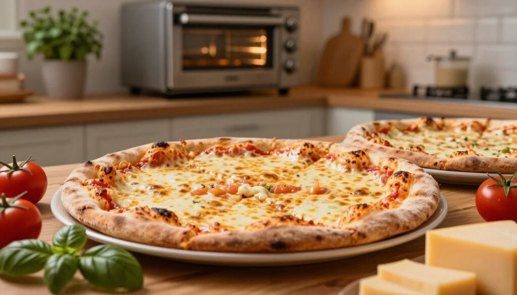A beautifully presented pizza on a wooden table, showcasing two halves: one baked in a convection oven with a perfectly golden crust and bubbling cheese, and the other baked traditionally with a slightly thicker and softer crust. The foreground features fresh ingredients like basil, tomatoes, and cheese slices artfully arranged around the pizzas. In the background, a softly lit kitchen scene adds warmth, equipped with a stylish convection oven and rustic herb pots. The lighting is warm and inviting, highlighting the textures and colors of the pizza. A close-up angle focuses on the contrasting crusts and melted cheese, evoking a cozy and appetizing atmosphere, perfect for a culinary discussion about pizza baking methods. A beautifully presented pizza on a wooden table, showcasing two halves: one baked in a convection oven with a perfectly golden crust and bubbling cheese, and the other baked traditionally with a slightly thicker and softer crust. The foreground features fresh ingredients like basil, tomatoes, and cheese slices artfully arranged around the pizzas. In the background, a softly lit kitchen scene adds warmth, equipped with a stylish convection oven and rustic herb pots. The lighting is warm and inviting, highlighting the textures and colors of the pizza. A close-up angle focuses on the contrasting crusts and melted cheese, evoking a cozy and appetizing atmosphere, perfect for a culinary discussion about pizza baking methods.
