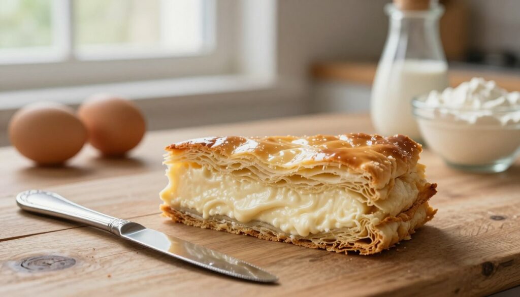 A beautifully presented slice of karpatka cake, showcasing its layered pastry and creamy filling, prominently placed on a rustic wooden table. In the foreground, a delicate pastry knife glistens beside the cake, hinting at its freshness. The middle ground features the cake against a backdrop of ingredients like eggs, flour, and fresh cream, subtly arranged to imply the importance of quality ingredients in maintaining flavor and freshness. Soft, natural light filters through a nearby window, creating a warm and inviting atmosphere. The background lightly blurs, focusing attention on the cake while suggesting a cozy kitchen environment. The overall mood evokes a sense of care and professionalism in food storage techniques, enhancing the visual narrative of preserving flavor and quality.