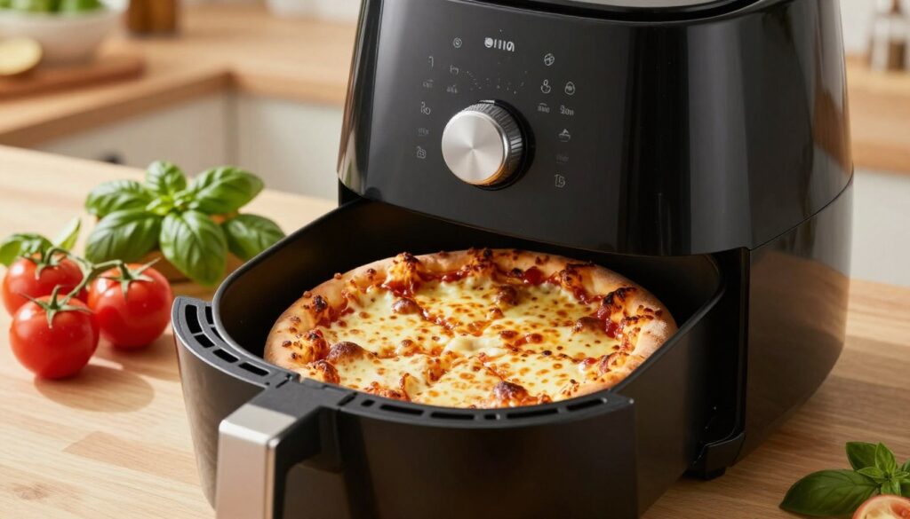 A beautifully rendered air fryer showcasing a delicious freshly cooked pizza inside, capturing the golden-brown, crispy crust and bubbling cheese. In the foreground, the air fryer is elegantly designed, with a clear panel highlighting the pizza within. The middle ground features vibrant, fresh ingredients like basil and tomatoes artistically arranged around the fryer, hinting at the meal’s deliciousness. The background is softly blurred to maintain focus on the air fryer, with a cozy kitchen setting illuminated by warm, inviting lighting. The lens captures the scene from a slightly elevated angle, creating an inviting atmosphere reminiscent of home cooking. The overall mood is warm and appetizing, evoking a sense of culinary delight.