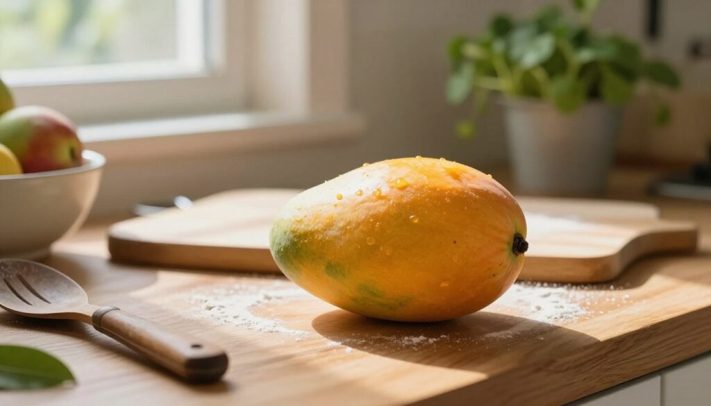 A beautifully ripe mango sitting on a wooden kitchen countertop, its golden-orange skin glistening under soft natural sunlight streaming through a nearby window. In the foreground, there are a few rustic kitchen utensils and a small bowl of tropical fruits, hints of green and red contrasting with the mango's vibrant hue. The middle ground features a sleek, modern cutting board, lightly dusted with flour, implying recent preparation. In the background, a softly blurred herb garden adds a touch of freshness, evoking a warm and inviting atmosphere. The focus should capture the mango’s texture and sheen, while the warm lighting enhances the inviting, homey feel of the scene, highlighting the perfect ripeness of the fruit.