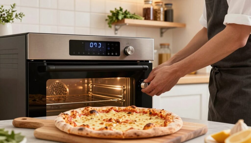 A beautifully set kitchen scene showcasing a modern oven with precise temperature settings on the display. In the foreground, a freshly baked pizza is placed on a wooden cutting board, its cheese perfectly melted and bubbling with golden brown edges. The middle layer features a chef's hands, clad in a neat apron, carefully adjusting the oven's thermostat, ensuring optimal heat circulation for a crispy crust. In the background, the kitchen is warmly lit, with herbs and spices neatly organized on shelves, evoking a cozy, inviting atmosphere. The overall mood is focused and professional, illustrating the art of baking the perfect pizza with attention to detail, emphasizing the importance of precise oven settings. A beautifully set kitchen scene showcasing a modern oven with precise temperature settings on the display. In the foreground, a freshly baked pizza is placed on a wooden cutting board, its cheese perfectly melted and bubbling with golden brown edges. The middle layer features a chef's hands, clad in a neat apron, carefully adjusting the oven's thermostat, ensuring optimal heat circulation for a crispy crust. In the background, the kitchen is warmly lit, with herbs and spices neatly organized on shelves, evoking a cozy, inviting atmosphere. The overall mood is focused and professional, illustrating the art of baking the perfect pizza with attention to detail, emphasizing the importance of precise oven settings.