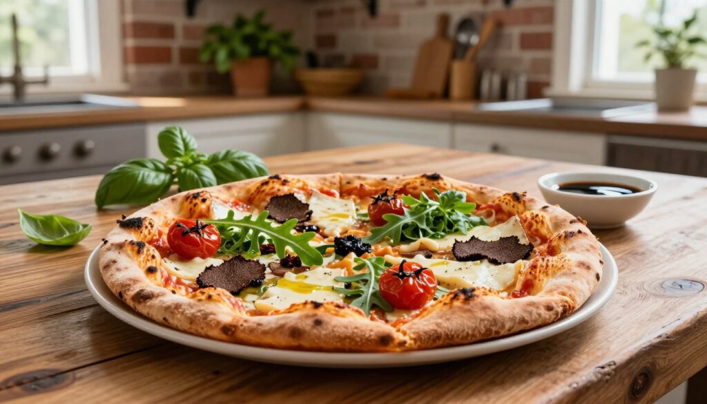 A beautifully styled gourmet pizza on a rustic wooden table, showcasing a variety of unique toppings like truffle oil, arugula, roasted cherry tomatoes, and gourmet cheeses. The foreground features a close-up of the pizza, highlighting its artisanal crust with a golden, crispy texture. The middle ground includes fresh basil leaves and a small dish of balsamic glaze, adding an elegant touch. In the background, a softly lit kitchen setting with brick walls and wooden shelves filled with herbs and cooking utensils sets a warm, inviting atmosphere. Natural light streams in from a nearby window, casting gentle shadows and enhancing the colors of the ingredients. The scene conveys a sophisticated yet cozy mood, perfect for illustrating the contrast between gourmet and traditional pizzas. A beautifully styled gourmet pizza on a rustic wooden table, showcasing a variety of unique toppings like truffle oil, arugula, roasted cherry tomatoes, and gourmet cheeses. The foreground features a close-up of the pizza, highlighting its artisanal crust with a golden, crispy texture. The middle ground includes fresh basil leaves and a small dish of balsamic glaze, adding an elegant touch. In the background, a softly lit kitchen setting with brick walls and wooden shelves filled with herbs and cooking utensils sets a warm, inviting atmosphere. Natural light streams in from a nearby window, casting gentle shadows and enhancing the colors of the ingredients. The scene conveys a sophisticated yet cozy mood, perfect for illustrating the contrast between gourmet and traditional pizzas.