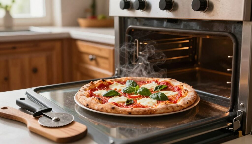 A beautifully styled kitchen scene showcasing a pizza baking in an oven, with the focus on the pizza, which features a crispy, golden-brown crust topped with vibrant red tomato sauce, melted mozzarella cheese, and fresh basil leaves. In the foreground, there are culinary tools like a pizza cutter and a wooden peel. The middle ground includes an open oven door, revealing the pizza with smoke gently rising, hinting at its perfect baking time. The background features a warm, inviting kitchen environment with rustic wooden cabinets and soft natural lighting coming from a window, creating a cozy atmosphere. The overall mood captures the essence of successful pizza baking, conveying warmth and culinary delight without any text or distractions.