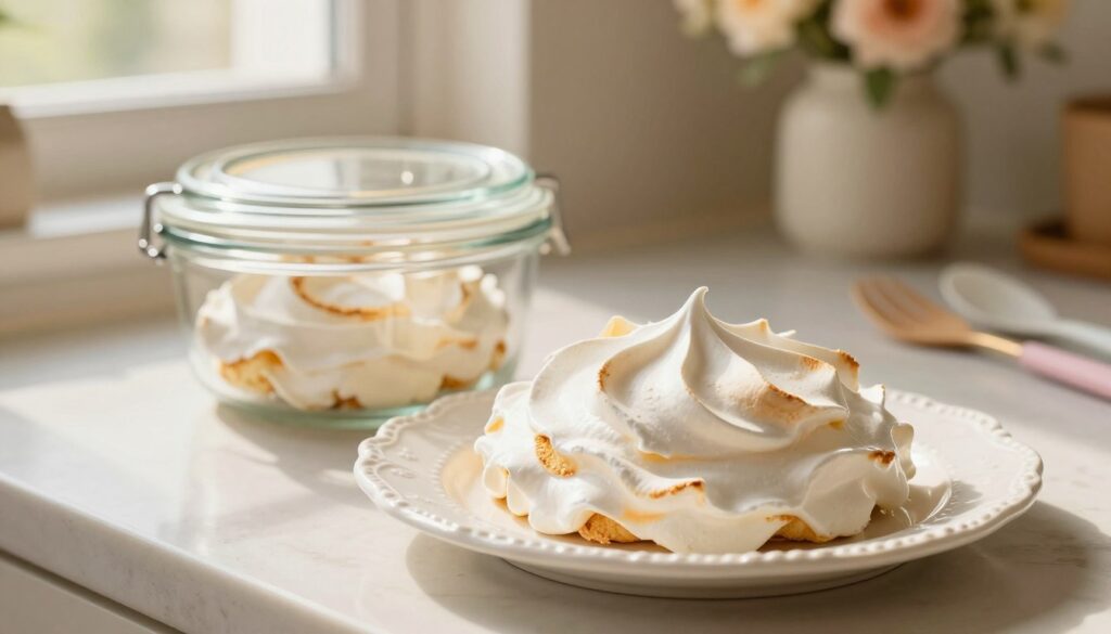 A beautifully styled kitchen setting, with a focus on a delicate, perfectly baked meringue resting on a decorative white plate. The foreground features the meringue, showcasing its crisp exterior and soft interior, illuminated by soft, natural light coming through a nearby window. In the middle ground, a glass container with an airtight seal sits nearby, suggesting the best way to store meringue to maintain its crunchiness. The background features subtle kitchen elements like pastel-colored utensils and a soft-focus floral arrangement, giving the scene a cozy, inviting atmosphere. Warm, golden tones create a sense of homeliness and care in the environment, emphasizing the importance of proper storage in keeping meringue crisp and delightful.