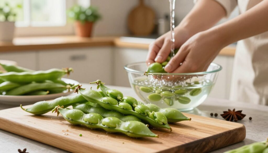 A bright, inviting kitchen scene focused on the preparation of fresh fava beans (bób) before cooking. In the foreground, a wooden cutting board is laid out with vibrant, freshly harvested fava beans, some still in their pods, their rich green color glistening in the light. A hand, wearing a simple apron, is seen rinsing the beans under running water in a colander, emphasizing the washing process. The middle ground showcases a bowl filled with water, suggesting the soaking step, with a few spices and herbs arranged nearby for flavor enhancement. The background reveals a softly lit kitchen with wooden cabinets and potted herbs, creating a warm, homey atmosphere. Natural light streams through a window, casting a gentle glow, adding to the fresh and preparatory mood of the scene.