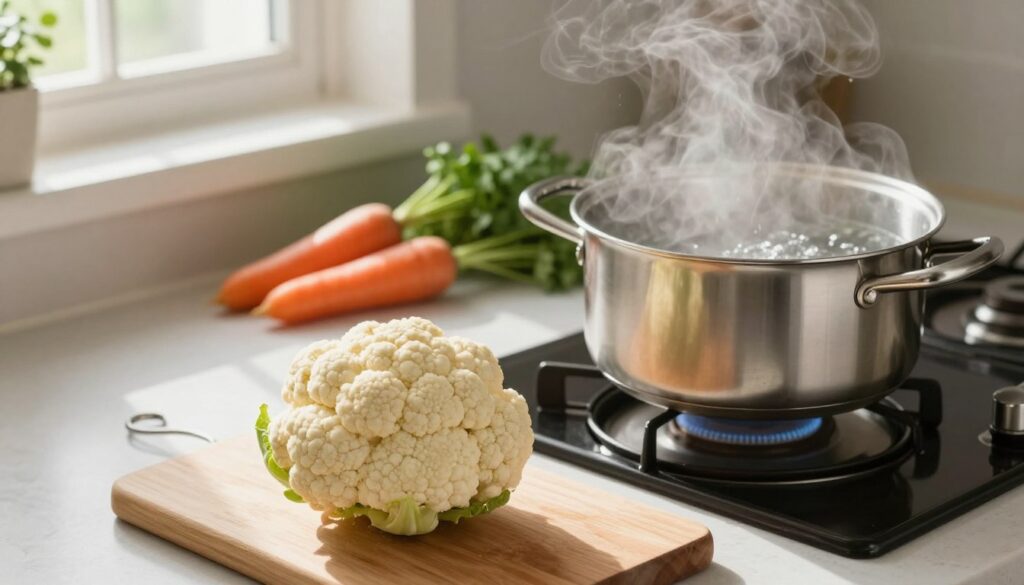A bright kitchen scene featuring a pot of boiling water on the stove, with a freshly cut cauliflower sitting on a wooden cutting board in the foreground. The steam rises from the pot, creating a sense of warmth and inviting atmosphere. In the middle background, a few vegetables like carrots and herbs are artistically arranged to enhance the focus on the cauliflower. Natural light filters in through a window, casting soft shadows and highlighting the textures of the kitchen surfaces. The angle is slightly elevated, offering a bird's eye view to capture the boiling water and the cauliflower's vibrant white florets. The mood is serene and homely, perfect for showcasing the process of cooking cauliflower in water to achieve the ideal tenderness.