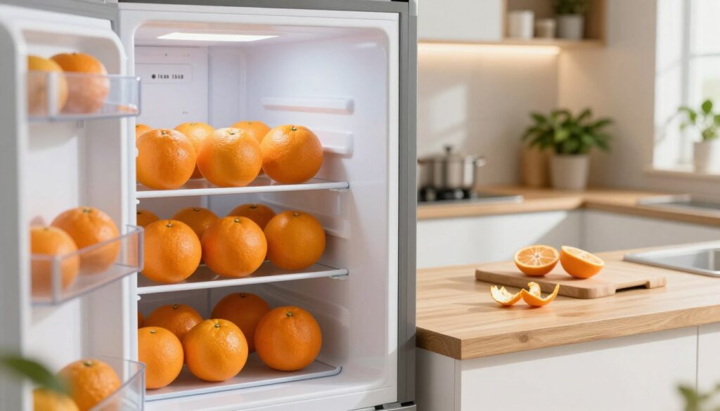 A bright, well-organized kitchen with a spacious refrigerator prominently displayed in the foreground. The fridge door is slightly ajar, revealing a pristine interior filled with fresh mandarin oranges, showcasing their vibrant orange color and glossy texture. In the middle ground, a wooden countertop is adorned with a cutting board and a few scattered mandarin peels, hinting at recent preparation. The background features softly lit kitchen cabinetry and houseplants, creating a warm, inviting atmosphere. Natural light filters in through a nearby window, casting soft shadows and highlighting the freshness of the fruit. The overall mood is refreshing and hygienic, emphasizing the importance of proper storage for maintaining fruit freshness.