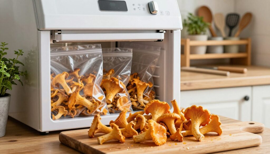 A captivating kitchen scene showcasing the process of freezing chanterelle mushrooms, known locally as "kurki." In the foreground, a wooden cutting board displays freshly cleaned, vibrant orange chanterelles, with glistening droplets of water still clinging to them. The middle ground features a bright, stainless steel freezer, slightly ajar, revealing neatly arranged portions of the mushrooms packaged in clear, airtight bags. Soft, natural lighting illuminates the scene, suggesting a warm and inviting atmosphere. The background includes rustic kitchen elements like herb pots and a wooden shelf lined with kitchen utensils, enhancing the cozy feel. The composition conveys the essence of preserving these delicacies for year-round enjoyment, focusing on freshness and care in preparation.