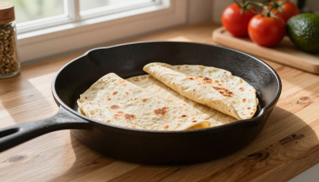 A clean and inviting kitchen scene featuring a well-used round cast iron frying pan, known as "sucha patelnia," placed on a rustic wooden countertop. The frying pan is filled with two perfectly warmed tortillas, their edges slightly curling, showcasing their flexibility and warmth. Soft, natural light streams in from a nearby window, creating gentle highlights on the pan's surface and casting soft shadows that enhance the textures. In the background, a hint of a spice rack and fresh ingredients like tomatoes and avocados are visible, suggesting a culinary atmosphere. The mood is warm and cozy, evoking a sense of homely cooking and the joy of preparing fresh tortillas. The composition is shot from a slightly elevated angle, focusing on the frying pan, to emphasize the tortillas' appeal. A clean and inviting kitchen scene featuring a well-used round cast iron frying pan, known as "sucha patelnia," placed on a rustic wooden countertop. The frying pan is filled with two perfectly warmed tortillas, their edges slightly curling, showcasing their flexibility and warmth. Soft, natural light streams in from a nearby window, creating gentle highlights on the pan's surface and casting soft shadows that enhance the textures. In the background, a hint of a spice rack and fresh ingredients like tomatoes and avocados are visible, suggesting a culinary atmosphere. The mood is warm and cozy, evoking a sense of homely cooking and the joy of preparing fresh tortillas. The composition is shot from a slightly elevated angle, focusing on the frying pan, to emphasize the tortillas' appeal.