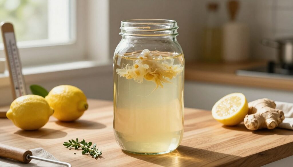 A clean, organized kitchen setting featuring a large glass jar filled with kombucha, showcasing the mother SCOBY floating on top. The jar is placed on a wooden countertop, surrounded by fresh fruits like lemons and ginger, with a few herbs sprinkled nearby for flavoring. In the background, soft sunlight filters through a window, casting a warm glow on the scene. The atmosphere is calm and inviting, reflecting the nurturing process of kombucha fermentation. A few brewing tools like a thermometer and cloth cover are visible, emphasizing preparation and safe storage conditions. The image is shot at eye level with a gentle focus on the jar, creating a sense of intimacy and care in the kombucha brewing journey. A clean, organized kitchen setting featuring a large glass jar filled with kombucha, showcasing the mother SCOBY floating on top. The jar is placed on a wooden countertop, surrounded by fresh fruits like lemons and ginger, with a few herbs sprinkled nearby for flavoring. In the background, soft sunlight filters through a window, casting a warm glow on the scene. The atmosphere is calm and inviting, reflecting the nurturing process of kombucha fermentation. A few brewing tools like a thermometer and cloth cover are visible, emphasizing preparation and safe storage conditions. The image is shot at eye level with a gentle focus on the jar, creating a sense of intimacy and care in the kombucha brewing journey.