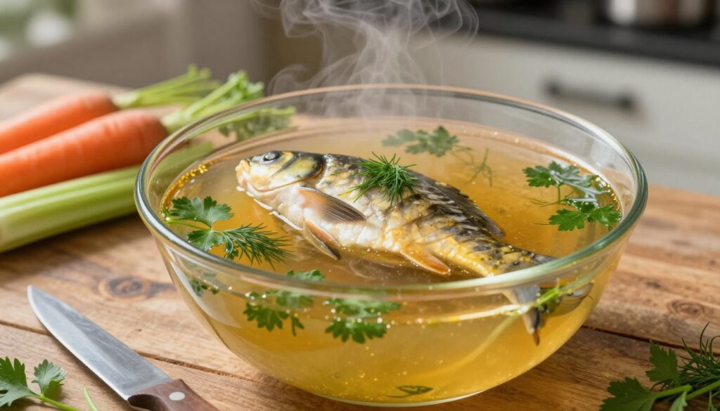 A clear, steaming bowl of fish broth, featuring vibrant pieces of carp, gently floating among aromatic herbs like dill and parsley. In the foreground, place a rustic wooden table, accented with a sharp knife and fresh vegetables such as carrots and celery, evoking the preparation process. The middle ground showcases the broth, its surface glistening with delicate steam rising, revealing the rich golden hue infused with flavors. Soft, natural lighting illuminates the scene, casting a warm glow that enhances the clarity and freshness of the broth. The background features a blurred kitchen setting with soft shadows, creating a tranquil cooking atmosphere that emphasizes home-cooking warmth and comfort. A clear, steaming bowl of fish broth, featuring vibrant pieces of carp, gently floating among aromatic herbs like dill and parsley. In the foreground, place a rustic wooden table, accented with a sharp knife and fresh vegetables such as carrots and celery, evoking the preparation process. The middle ground showcases the broth, its surface glistening with delicate steam rising, revealing the rich golden hue infused with flavors. Soft, natural lighting illuminates the scene, casting a warm glow that enhances the clarity and freshness of the broth. The background features a blurred kitchen setting with soft shadows, creating a tranquil cooking atmosphere that emphasizes home-cooking warmth and comfort.