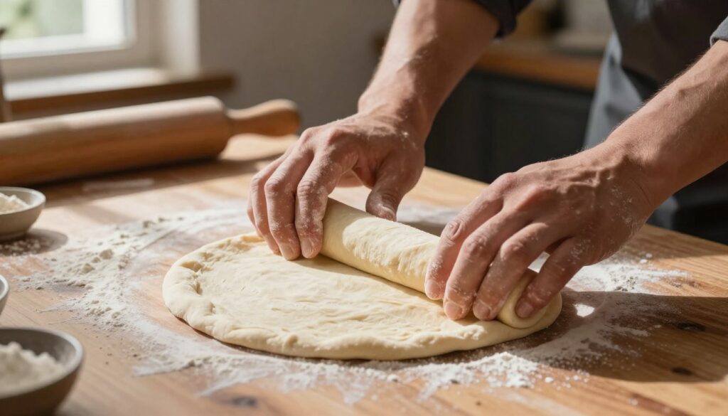 A close-up composition of a cook's hands skillfully shaping a pizza dough without a rolling pin. The hands, adorned with flour, gently stretch and form a thin circular base, showcasing the soft, pliable texture of the dough. In the background, a rustic wooden countertop displays scattered flour and kitchen utensils, adding warmth to the scene. Soft, natural light streams in from a nearby window, illuminating the dough and creating inviting shadows. The image captures the focus and delicacy of the process, evoking a sense of artisan craftsmanship. The atmosphere is warm and welcoming, emphasizing the joy of homemade pizza preparation.