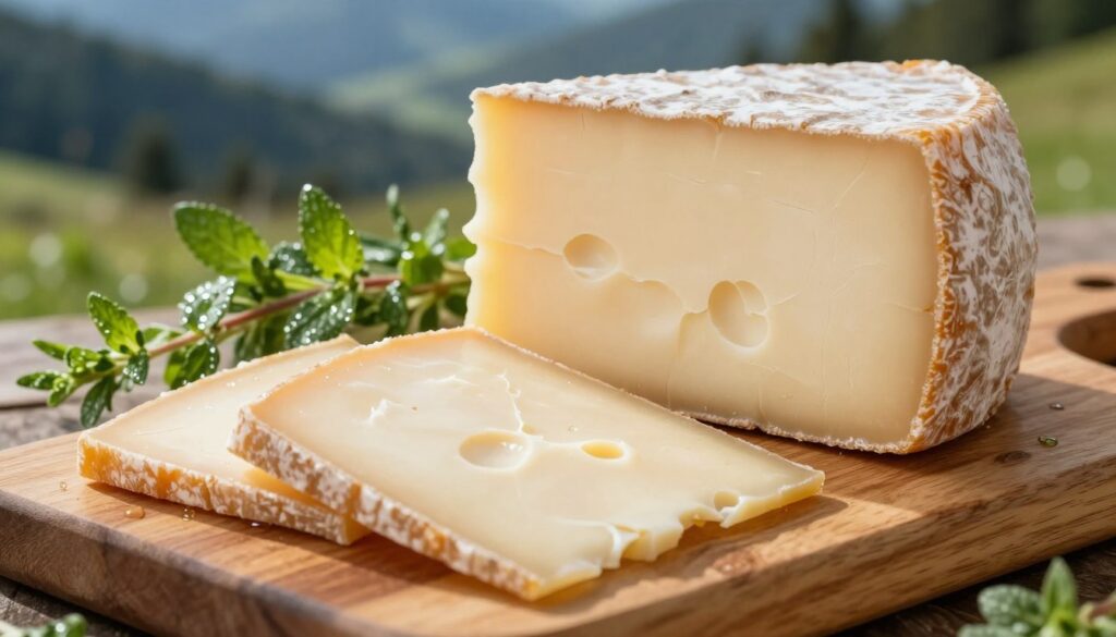 A close-up composition showcasing a beautifully arranged platter of oscypek cheese, emphasizing its fresh, creamy texture. In the foreground, several slices of oscypek exhibit a glossy sheen, with delicate cracks revealing their smooth interior. The middle ground features a rustic wooden cutting board, adorned with sprigs of fresh herbs, dew-kissed and vibrant, symbolizing the freshness of ingredients. Soft, natural lighting bathes the scene, creating gentle shadows that highlight the contours of the cheese. In the background, a blurred idyllic mountain landscape suggests the origin of the cheese, evoking a sense of purity and freshness. The color palette focuses on warm browns and greens, enhancing the welcoming, fresh atmosphere of the image.