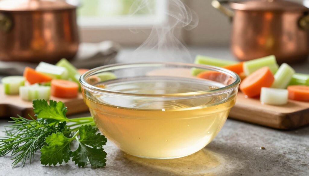 A close-up image of a rich, clear chicken bouillon in a shimmering glass bowl, showcasing its golden hue with steam rising gently above. In the foreground, fresh herbs like parsley and dill are artfully arranged to enhance the presentation. The middle ground features a wooden cutting board with diced vegetables such as carrots, celery, and onion, all glistening with moisture, suggesting freshness. In the background, a rustic kitchen setting with blurred copper pots and a soft-focus window allowing warm, natural light to stream in, casting a soft glow. The atmosphere is cozy and inviting, emphasizing the essence of comfort food. Capture the textures and colors vividly, with a shallow depth of field to draw attention to the bouillon as the centerpiece.
