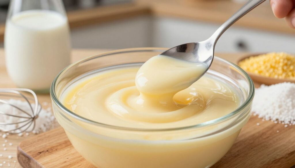 A close-up image of a smooth, creamy pudding in a clear glass bowl, showcasing its silky texture with a glossy surface reflecting light. The bowl is placed on a rustic wooden kitchen countertop, surrounded by ingredients like milk, sugar, and cornstarch, with a small whisk nearby. In the background, a softly blurred view of a cozy kitchen with warm lighting adds an inviting atmosphere. A spoon is gently dipping into the pudding, emphasizing its thickness and smoothness. The focus is on the pudding's velvety finish, with bright, natural light illuminating the scene, creating a warm and homely mood. The composition captures the essence of preparing a perfect pudding step by step, emphasizing the smooth result that's ideal for serving.