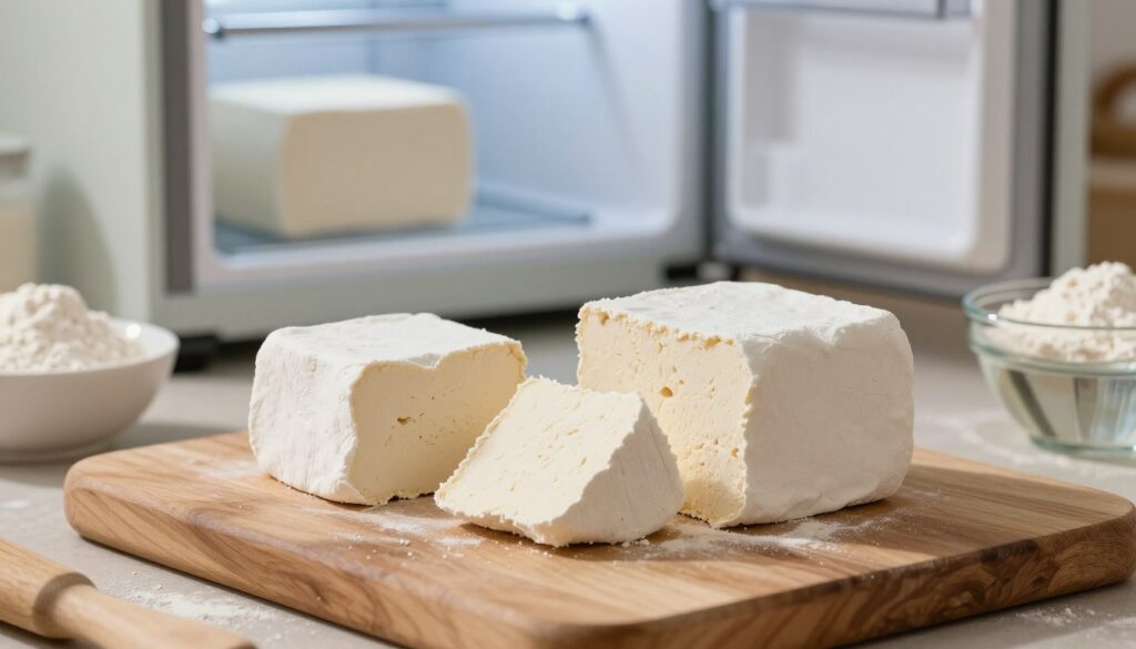 A close-up image of fresh yeast blocks on a wooden kitchen countertop, with one block partially crumbled to showcase its texture. Surrounding the yeast are small bowls of flour and water, hinting at their use in baking. In the background, a rustic refrigerator door is slightly open, indicating where the yeast is stored, with cool, soft light illuminating the scene to create a fresh, inviting atmosphere. The focus is sharp on the yeast, while the background is softly blurred to emphasize the subject. The mood is warm and homely, ideal for illustrating the freshness of ingredients in a cozy kitchen setting. No text or additional elements should be present.