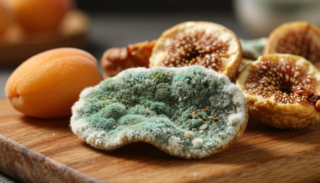 A close-up image of vibrant green mold growing on a piece of dried fruit, such as apricot or fig, displayed on a rustic wooden surface. The foreground features the textured details of the mold, showcasing its fuzzy filaments and rich color variations that suggest moisture. In the middle ground, there are some dried fruits in different states—some healthy and moisture-free, while others show early signs of mold or insect damage. The background is softly blurred, with hints of a cozy, dimly lit kitchen environment, emphasizing the importance of proper storage. Soft, warm lighting highlights the details of the mold and the fruit's surface, creating a serious yet informative atmosphere that underscores the need for vigilance in food preservation.