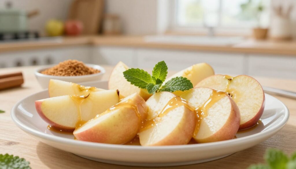 A close-up of a beautifully arranged plate of soft, cooked apples presented for a child. The foreground features glistening, tender apple slices drizzled with a light caramel sauce, garnished with a sprig of mint. In the middle ground, a small bowl of cinnamon sugar sits alongside, inviting playful interaction. The background is softly blurred, showcasing a cozy kitchen setting with warm, natural lighting filtering through a window, enhancing the inviting atmosphere. The scene conveys a sense of warmth and comfort, perfect for a child’s dessert. The composition is bright and cheerful, with an emphasis on the delicious texture and color of the apples, capturing an appetizing and safe treat for little ones.