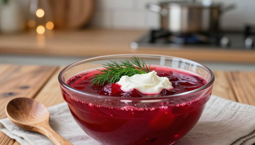 A close-up of a clear, vibrant bowl of borscht, showcasing its deep ruby red color and transparency. In the foreground, the bowl is elegantly garnished with a sprig of fresh dill and a dollop of creamy sour cream, creating a beautiful contrast. The middle ground features a wooden table with rustic elements like a hand-carved spoon and a linen napkin, enhancing the homemade feel. In the background, softly blurred, are warm kitchen lights and pots simmering on the stove, evoking a cozy atmosphere. The image is illuminated with soft, natural light, highlighting the borscht's clarity and richness. The mood is inviting and homely, perfect for a festive occasion. A close-up of a clear, vibrant bowl of borscht, showcasing its deep ruby red color and transparency. In the foreground, the bowl is elegantly garnished with a sprig of fresh dill and a dollop of creamy sour cream, creating a beautiful contrast. The middle ground features a wooden table with rustic elements like a hand-carved spoon and a linen napkin, enhancing the homemade feel. In the background, softly blurred, are warm kitchen lights and pots simmering on the stove, evoking a cozy atmosphere. The image is illuminated with soft, natural light, highlighting the borscht's clarity and richness. The mood is inviting and homely, perfect for a festive occasion.