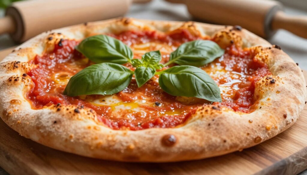 A close-up of a freshly baked, golden-brown pizza crust with a crispy texture, showcased prominently in the foreground. The crust should have a beautifully textured surface, with tiny air bubbles and a light sheen from olive oil. In the middle ground, a vibrant tomato sauce is being spread, with fresh basil leaves scattered on top, adding a touch of green. The background features a rustic wooden cutting board and a rolling pin, hinting at a cozy kitchen atmosphere. The lighting is warm and inviting, highlighting the crust's crispiness and the vibrant colors of the sauce and toppings. The angle is slightly elevated, emphasizing the inviting details of the crust and toppings, evoking a sense of homemade comfort and delicious anticipation. A close-up of a freshly baked, golden-brown pizza crust with a crispy texture, showcased prominently in the foreground. The crust should have a beautifully textured surface, with tiny air bubbles and a light sheen from olive oil. In the middle ground, a vibrant tomato sauce is being spread, with fresh basil leaves scattered on top, adding a touch of green. The background features a rustic wooden cutting board and a rolling pin, hinting at a cozy kitchen atmosphere. The lighting is warm and inviting, highlighting the crust's crispiness and the vibrant colors of the sauce and toppings. The angle is slightly elevated, emphasizing the inviting details of the crust and toppings, evoking a sense of homemade comfort and delicious anticipation.