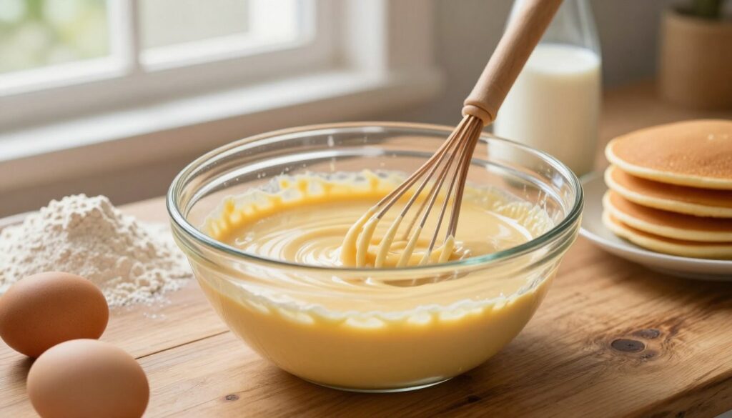 A close-up of a smooth, creamy pancake batter in a glass mixing bowl, with a wooden whisk partially submerged in the batter. The batter should have a rich, golden hue, hinting at the freshness of the ingredients. Surrounding the bowl are a few essential ingredients like flour, eggs, and milk, artistically scattered on a rustic wooden countertop. In the background, soft natural light filters through a nearby window, creating a warm and inviting atmosphere. A few completed pancakes stack elegantly on a plate to the side, while a clean kitchen environment adds to the overall homely feeling. The scene conveys a sense of creativity and preparation, inviting viewers to imagine the process of making delicious pancakes. A close-up of a smooth, creamy pancake batter in a glass mixing bowl, with a wooden whisk partially submerged in the batter. The batter should have a rich, golden hue, hinting at the freshness of the ingredients. Surrounding the bowl are a few essential ingredients like flour, eggs, and milk, artistically scattered on a rustic wooden countertop. In the background, soft natural light filters through a nearby window, creating a warm and inviting atmosphere. A few completed pancakes stack elegantly on a plate to the side, while a clean kitchen environment adds to the overall homely feeling. The scene conveys a sense of creativity and preparation, inviting viewers to imagine the process of making delicious pancakes.