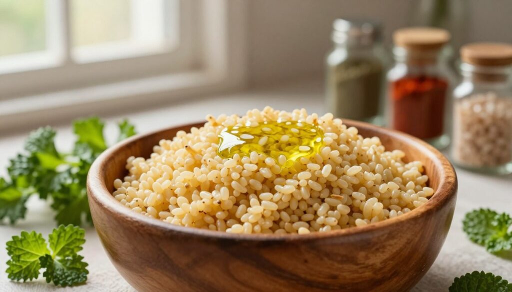 A close-up of fluffy, perfectly cooked kuskus grains in a rustic wooden bowl, glistening with a light drizzle of olive oil. Surrounding the bowl, scattered fresh herbs like parsley and mint add vibrant pops of green. In the background, there’s a gentle, warm light filtering through a kitchen window, casting soft shadows that create a cozy atmosphere. An assortment of spices is artfully arranged nearby—cumin, paprika, and sea salt—in small, elegant jars, emphasizing the article's focus on enhancing flavor. The overall composition is inviting, showcasing the texture of the kuskus while exuding warmth and a sense of home-cooking. The image is shot with a shallow depth of field, blurring the background slightly to keep the focus on the kuskus and its vibrant accompaniments. A close-up of fluffy, perfectly cooked kuskus grains in a rustic wooden bowl, glistening with a light drizzle of olive oil. Surrounding the bowl, scattered fresh herbs like parsley and mint add vibrant pops of green. In the background, there’s a gentle, warm light filtering through a kitchen window, casting soft shadows that create a cozy atmosphere. An assortment of spices is artfully arranged nearby—cumin, paprika, and sea salt—in small, elegant jars, emphasizing the article's focus on enhancing flavor. The overall composition is inviting, showcasing the texture of the kuskus while exuding warmth and a sense of home-cooking. The image is shot with a shallow depth of field, blurring the background slightly to keep the focus on the kuskus and its vibrant accompaniments.