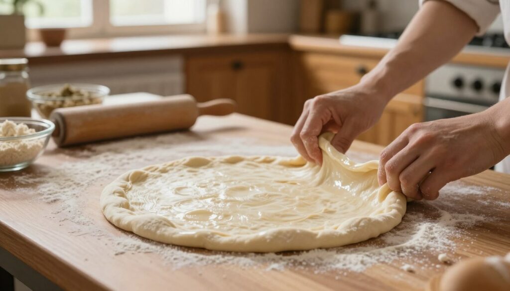 A close-up of freshly kneaded pizza dough laid out on a wooden surface, dusted lightly with flour to emphasize its pliability. In the foreground, hands gently stretch the dough, showcasing its elasticity and texture, with soft, warm lighting that highlights the dough's glossiness. In the middle, a well-organized kitchen scene with baking tools, a rolling pin, and a bowl of topping ingredients creates a homely atmosphere. The background features a rustic kitchen with warm wooden cabinetry and natural light streaming in through a window, casting a soft glow. The overall mood is inviting and cozy, emphasizing the art of pizza making, with a focus on the perfect readiness of the dough for stretching.