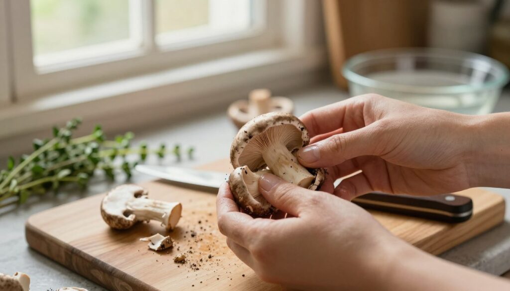 A close-up scene of a person gently cleaning mushrooms in a rustic kitchen. In the foreground, show hands carefully brushing fresh, earthy mushrooms, emphasizing their texture and details, such as the delicate gills and varying shades of brown. In the middle, include a wooden cutting board and a knife, with bits of dirt and chiseled mushroom remnants, conveying the cleaning process. The background features a softly lit kitchen with warm, natural light filtering through a nearby window, illuminating a few sprigs of herbs and a bowl of water, creating a cozy and inviting atmosphere. The image should evoke a sense of freshness and passion for cooking, with a focus on preparation techniques essential for preserving flavor and structure.