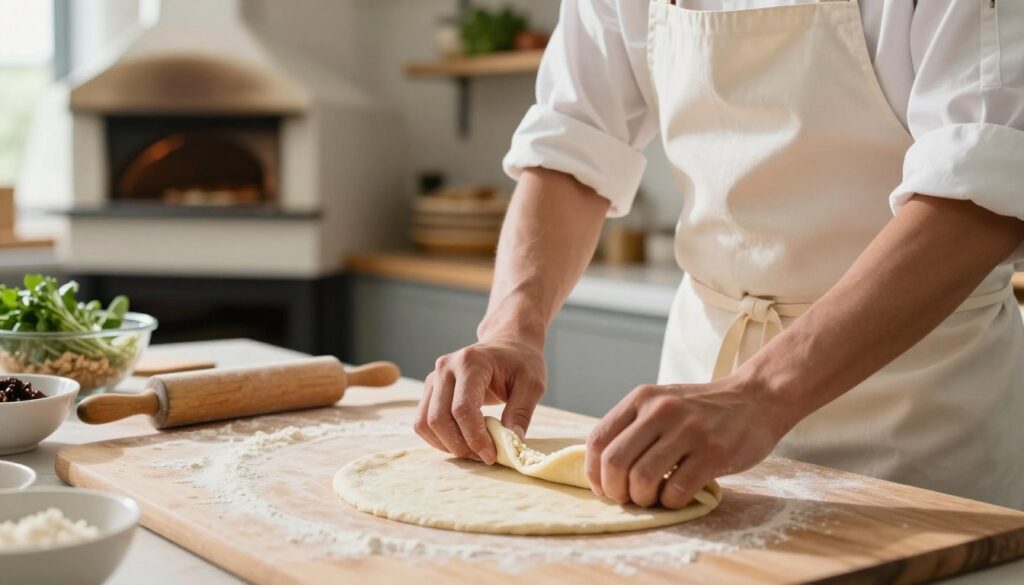 A close-up scene of a pizza chef in a bright kitchen, wearing a neat apron and modest clothing, stretching dough on a wooden surface. In the foreground, focus on the chef’s hands carefully working the dough, showcasing common mistakes such as thin spots and excessive tearing. The middle background features a countertop with flour, a rolling pin, and a bowl of ingredients, while a warm, inviting light streams in from a window, creating a soft glow. In the background, you can see a rustic oven and shelves filled with pizza pans and fresh herbs, enhancing the culinary atmosphere. The image conveys a sense of focus and learning, perfectly illustrating the challenges and solutions in pizza dough stretching.