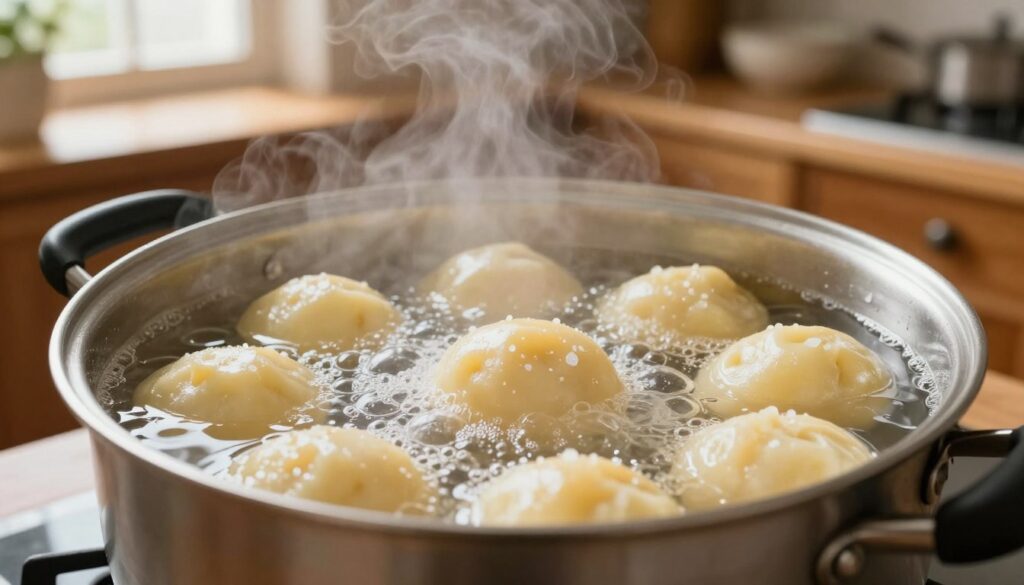 A close-up scene of a pot of boiling salted water on a stove, with soft steam rising gently into the air. In the foreground, focus on the clear, bubbling water, highlighting small salt crystals sparkling as they dissolve. In the middle ground, plump, round pyzy, potato dumplings, are partially submerged and gently bobbing in the water, their smooth skin glistening. The vibrant kitchen setting features wooden cabinets and ceramic utensils in the background, with warm, inviting lighting filtering in from a window, casting a cozy glow over the scene. The atmosphere is homey and inviting, emphasizing the warmth and comfort of a family kitchen.
