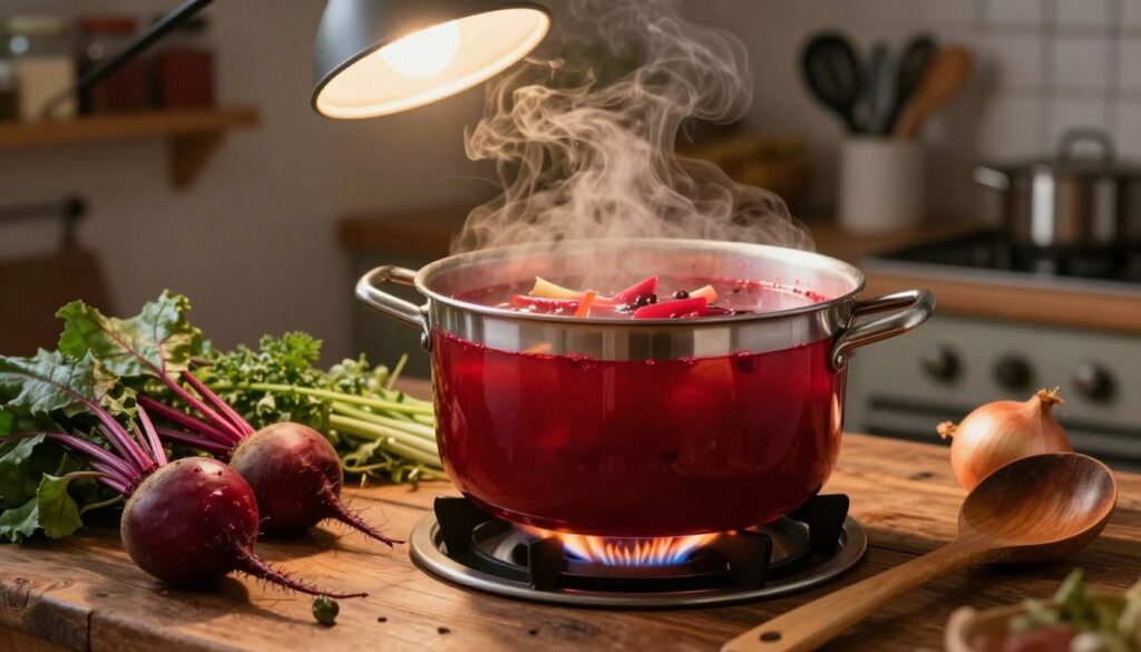 A close-up scene of a simmering pot of vibrant, clear red borscht on a small flame, highlighting the rich colors and textures of the ingredients within. In the foreground, a rustic wooden table showcases fresh beets, onions, and herbs ready for preparation, with a pair of wooden ladles resting beside them. In the middle, the pot of borscht steams gently, reflecting warm light that glows from an overhead kitchen lamp, casting soft shadows. The background features a cozy kitchen setting, with shelves of spices and an array of cooking utensils. The atmosphere is inviting and homey, emphasizing a sense of tradition and warmth during the cooking process. The image should have a warm color palette and soft focus, evoking a comforting and nostalgic mood. A close-up scene of a simmering pot of vibrant, clear red borscht on a small flame, highlighting the rich colors and textures of the ingredients within. In the foreground, a rustic wooden table showcases fresh beets, onions, and herbs ready for preparation, with a pair of wooden ladles resting beside them. In the middle, the pot of borscht steams gently, reflecting warm light that glows from an overhead kitchen lamp, casting soft shadows. The background features a cozy kitchen setting, with shelves of spices and an array of cooking utensils. The atmosphere is inviting and homey, emphasizing a sense of tradition and warmth during the cooking process. The image should have a warm color palette and soft focus, evoking a comforting and nostalgic mood.