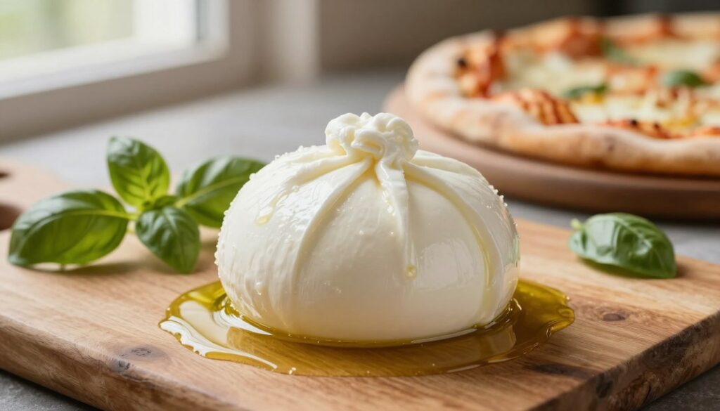 A close-up shot of a fresh mozzarella ball submerged in a light brine solution, showcasing its smooth, glossy texture. The mozzarella is placed on a rustic wooden cutting board, surrounded by fresh basil leaves and a drizzle of olive oil. In the background, a blurred pizza stone adorned with a partially made pizza is visible, emphasizing the connection between the mozzarella and pizza preparation. Natural light filters through a nearby window, casting soft, warm tones across the scene, enhancing the freshness of the ingredients. The overall mood is inviting and appetizing, capturing the essence of Italian cuisine, perfect for illustrating mozzarella's role in pizza making.