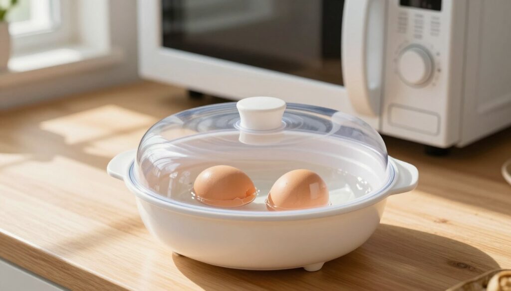A close-up shot of a microwave-safe egg cooker, designed specifically for boiling eggs. The cooker sits on a light wooden countertop, filled with two freshly cracked eggs, submerged in water. Bright, natural sunlight filters through a nearby kitchen window, casting soft shadows that highlight the cooker’s smooth, rounded edges and translucent lid. In the background, a modern microwave oven stands, its door slightly ajar, hinting at its use for egg cooking. The overall atmosphere is warm and inviting, suggesting a cozy kitchen setting. Focus on the clarity of the egg cooker, the gleam of the water, and the freshness of the eggs, creating a sense of safety and effectiveness in microwave cooking. A close-up shot of a microwave-safe egg cooker, designed specifically for boiling eggs. The cooker sits on a light wooden countertop, filled with two freshly cracked eggs, submerged in water. Bright, natural sunlight filters through a nearby kitchen window, casting soft shadows that highlight the cooker’s smooth, rounded edges and translucent lid. In the background, a modern microwave oven stands, its door slightly ajar, hinting at its use for egg cooking. The overall atmosphere is warm and inviting, suggesting a cozy kitchen setting. Focus on the clarity of the egg cooker, the gleam of the water, and the freshness of the eggs, creating a sense of safety and effectiveness in microwave cooking.