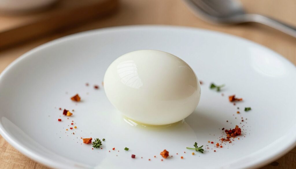A close-up shot of a perfectly boiled egg on a clean, white ceramic plate. The egg, with its smooth, unblemished shell, is placed in the center, reflecting soft natural light that highlights its glossy surface. Surrounding the plate are gently scattered flecks of colorful paprika and fresh herbs, enhancing the visual appeal. In the background, a blurred kitchen setting with warm wooden tones and a hint of cooking utensils provides context without distraction. The atmosphere is inviting and homey, evoking a sense of comfort and culinary skill. The overall composition captures the essence of cooking eggs to perfection, emphasizing simplicity and elegance.