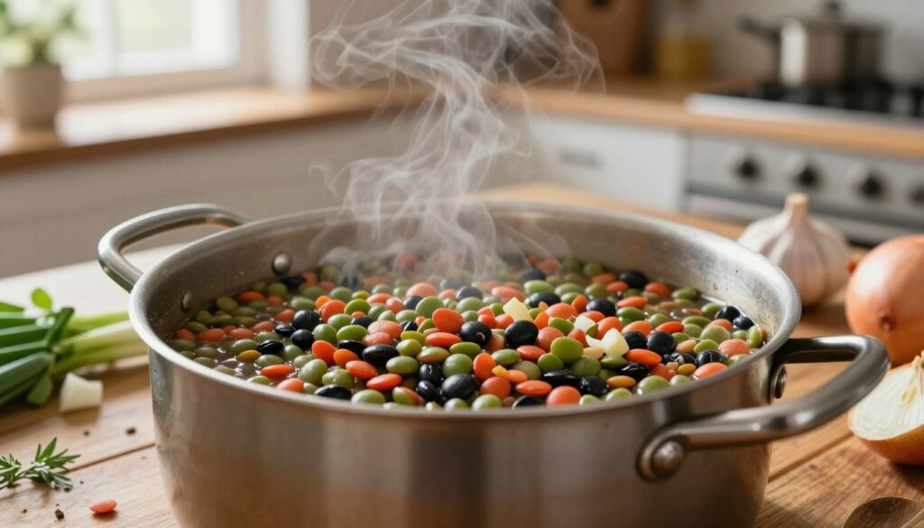A close-up shot of a pot of simmering lentils on a rustic wooden kitchen table, showcasing various types of lentils: green, red, and black. The pot is surrounded by fresh ingredients like chopped onions, garlic, and herbs, all in vibrant colors, adding to the composition. In the background, a softly blurred kitchen with light streaming through a window creates a warm and inviting atmosphere. The focus is sharp on the pot, highlighting the steam rising from it, while a gentle bokeh effect softens the background. The lighting is natural and warm, suggesting a cozy cooking environment. The overall mood is homely, emphasizing the joy of cooking lentils to perfection. A close-up shot of a pot of simmering lentils on a rustic wooden kitchen table, showcasing various types of lentils: green, red, and black. The pot is surrounded by fresh ingredients like chopped onions, garlic, and herbs, all in vibrant colors, adding to the composition. In the background, a softly blurred kitchen with light streaming through a window creates a warm and inviting atmosphere. The focus is sharp on the pot, highlighting the steam rising from it, while a gentle bokeh effect softens the background. The lighting is natural and warm, suggesting a cozy cooking environment. The overall mood is homely, emphasizing the joy of cooking lentils to perfection.