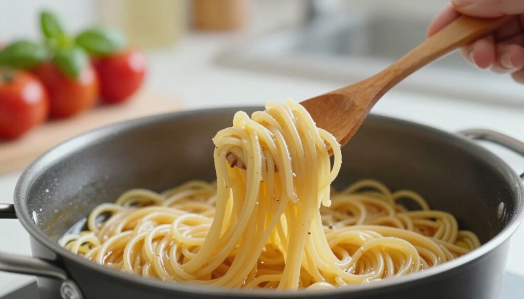 A close-up shot of a pot of spaghetti, with strands of pasta sticking together, illustrating the common issue of overcooked noodles. In the foreground, delicate, glistening strands of spaghetti can be seen intertwined, emphasizing their sticky texture. In the middle ground, a hand is gently stirring the pasta with a wooden spoon, showcasing the art of cooking without using oil or rinsing. In the background, a kitchen setting with a softly lit countertop and an array of ingredients like fresh tomatoes and basil, creating a warm, inviting atmosphere. The lighting is soft and natural, with a slight focus blur on the background to draw attention to the pasta. The scene conveys a sense of culinary exploration and the importance of perfecting the cooking process for al dente results. A close-up shot of a pot of spaghetti, with strands of pasta sticking together, illustrating the common issue of overcooked noodles. In the foreground, delicate, glistening strands of spaghetti can be seen intertwined, emphasizing their sticky texture. In the middle ground, a hand is gently stirring the pasta with a wooden spoon, showcasing the art of cooking without using oil or rinsing. In the background, a kitchen setting with a softly lit countertop and an array of ingredients like fresh tomatoes and basil, creating a warm, inviting atmosphere. The lighting is soft and natural, with a slight focus blur on the background to draw attention to the pasta. The scene conveys a sense of culinary exploration and the importance of perfecting the cooking process for al dente results.
