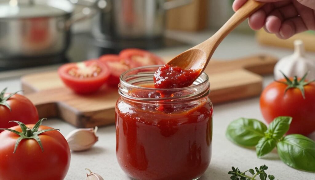 A close-up shot of a rich, deep red tomato concentrate in a glass jar, surrounded by fresh tomatoes, garlic cloves, and herbs like basil and oregano. In the foreground, show a wooden spoon stirring the concentrate, with a few drops splattering. The middle ground features a rustic wooden cutting board with sliced ingredients prepared for cooking, while the background showcases a softly lit kitchen with blurred pots and pans. The scene is warm and inviting, evoking a sense of home cooking. Soft, natural lighting illuminates the ingredients, creating highlights and shadows that enhance the textures. Capture a cozy atmosphere that invites the viewer to experience the process of making a flavorful sauce.
