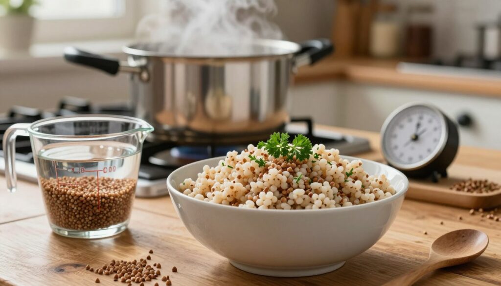 A close-up shot of a well-prepared bowl of buckwheat groats, perfectly fluffy and sprinkled with fresh herbs like parsley, set on a rustic wooden kitchen table. In the foreground, a measuring cup filled with clear water and another with dry buckwheat, showcasing the ideal proportions for cooking. In the middle ground, a pot on a stove with steam rising, reflecting the cooking process, and a timer indicating the cooking duration. The background features a softly lit kitchen with blurred utensils and spices, creating a warm and inviting atmosphere. The overall mood should be homely and relatable, with natural light illuminating the scene, enhancing the textures of the ingredients.