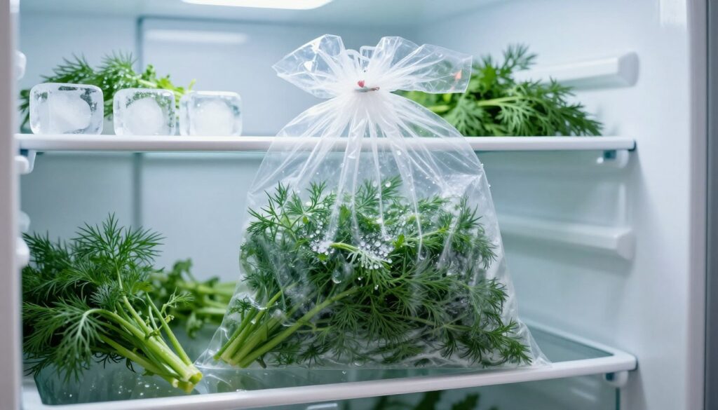 A close-up shot of fresh dill being frozen in a transparent freezer bag, placed inside a well-organized freezer. The foreground showcases the vibrant green dill, with droplets of moisture on its leaves, emphasizing its freshness. The middle layer features the freezer's shelves filled with ice cubes and other neatly stored herbs, hinting at a well-stocked kitchen. In the background, soft, cool lighting highlights the clear plastic bag, while the frosty interior gives a sense of winter chill, creating a mood of preservation and sustainability. Capture the essence of practicality and freshness, focusing on the dill as the main subject in this serene kitchen environment. A close-up shot of fresh dill being frozen in a transparent freezer bag, placed inside a well-organized freezer. The foreground showcases the vibrant green dill, with droplets of moisture on its leaves, emphasizing its freshness. The middle layer features the freezer's shelves filled with ice cubes and other neatly stored herbs, hinting at a well-stocked kitchen. In the background, soft, cool lighting highlights the clear plastic bag, while the frosty interior gives a sense of winter chill, creating a mood of preservation and sustainability. Capture the essence of practicality and freshness, focusing on the dill as the main subject in this serene kitchen environment.