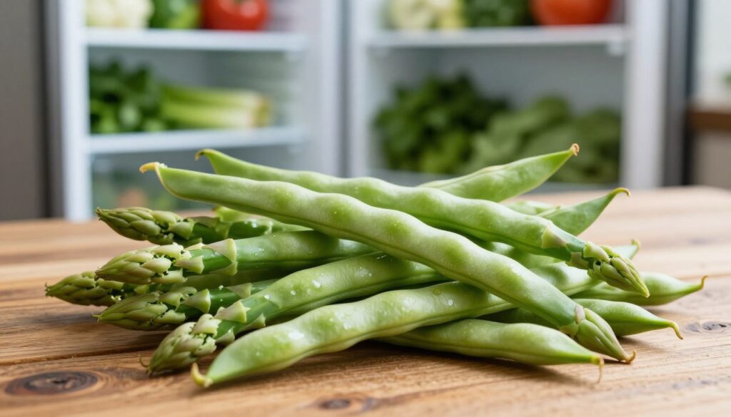 A close-up shot of fresh green "fasolka szparagowa" (asparagus bean) pods, detailed with a glossy sheen and their vibrant green color, arranged carefully on a rustic wooden table. In the background, softly blurred, is a refrigerator with an open door, showcasing organized shelves filled with vegetables and herbs to indicate freshness and storage. Natural daylight streams in, creating a warm and inviting atmosphere, highlighting the freshness of the beans. The lens focuses sharply on the beans while the background remains slightly out of focus, emphasizing their texture and vivid color. The overall mood conveys the idea of maintaining freshness and healthy storage practices.