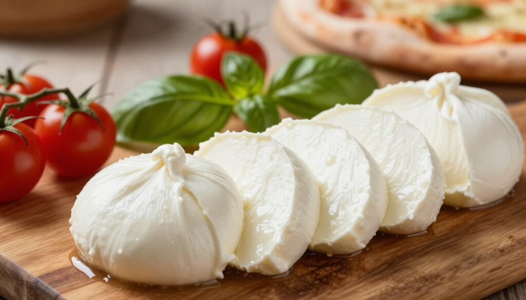 A close-up shot of fresh mozzarella cheese, displayed in two distinct forms: thin slices and irregular chunks, elegantly arranged on a rustic wooden board. The foreground showcases the melted, glossy surface of the mozzarella, inviting the viewer's eye with its rich white color and delicate texture. In the middle, a few ripe, cherry tomatoes and fresh basil leaves create vibrant pops of red and green, complementing the cheese. The background features a softly blurred pizza crust, hinting at the final dish. The lighting is warm and inviting, emphasizing the freshness of the ingredients while casting gentle shadows. The mood is casual yet sophisticated, perfect for a culinary setting.