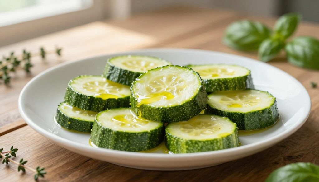 A close-up shot of freshly steamed zucchini pieces arranged on a delicate white plate, glistening with a light drizzle of olive oil. The zucchini slices should appear vibrant green and retain their firm texture, showcasing a perfectly cooked consistency. In the background, a rustic wooden table is slightly blurred, enhancing the focus on the plate. Soft natural light streams in from a nearby window, casting a warm glow and creating gentle shadows that add depth. Fresh herbs like thyme and basil are sprinkled around the plate, contributing to an inviting atmosphere. Capture the essence of a healthy, appetizing dish that emphasizes simplicity and flavor without any distractions, fostering a sense of wholesome culinary appreciation.