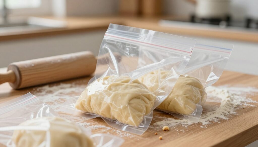 A close-up shot of vacuum seal bags containing freshly baked yeast dough, emphasizing their role in preserving softness and freshness. In the foreground, focus on a few transparent zippered bags showcasing the fluffy dough inside, with a few crumbs around to indicate recent use. In the middle ground, a wooden kitchen countertop with a rolling pin and scattered flour suggests an active baking environment. The background features a softly blurred kitchen scene with warm, natural lighting that creates a cozy atmosphere. Angle the shot slightly downward to capture the bags prominently, highlighting their sleek design and functionality. The overall mood is inviting and homey, perfect for illustrating the concept of preserving baked goods.