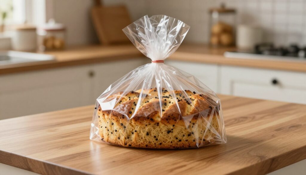 A close-up view of a beautifully wrapped poppy seed cake, securely encased in glossy, transparent food wrap (plastic film) on a wooden kitchen countertop. The film is tightly secured, glistening with light reflections that highlight its smooth texture. In the background, a cozy kitchen setting with soft, warm lighting evokes a homely atmosphere, featuring a neatly organized kitchen counter with a couple of decorative containers for storing baked goods. The focus should be solely on the cake and the wrap, showcasing the importance of proper storage, with a gentle blur on the cottage-style kitchen details to emphasize the subject. Capture this scene with a warm, inviting mood, using a slightly elevated angle to bring perspective and depth.